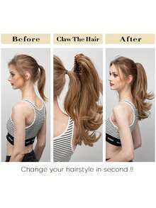 Claw Ponytail  In Hair Extensions Pony Tail Hairpiece For Women Synthetic Hair Extension Hair Long Water Wave 14 Inch Heat Resistant Fiber Synthetic Hairpiece For Women Girls Party Daily Use - Ombre - View 5
