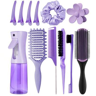 Bộ cọ tạo kiểu tóc unisex 2/4/5/6/11/12 món (Lược uốn tóc nâng cấp mới, Cọ tạo kiểu 9 hàng bằng nylon, Cọ tạo độ phồng, Lược đuôi nhọn, Cọ viền tóc, Chai xịt, 4 kẹp tóc hình vịt, Kẹp tóc hình hoa, Bộ cọ tạo kiểu tóc), Cọ uốn tóc