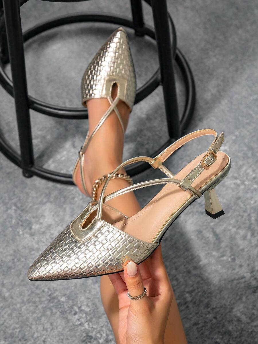 Women's Pointed Toe Versatile Metal High Heel Comfortable Slingback Fashion Plaid Mules. French Minimalist Chic Backless Slingback Work Flats,Kitten Heels - Gold - View 1