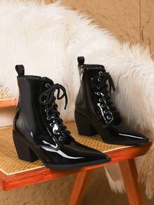 女士时尚尖头粗跟踝靴，正面系带，侧边拉链，优雅舒适，适合休闲、通勤、度假、秋冬季等各种场合。 - 黑色 - 查看 6