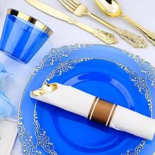 350PCS Gold Plastic Plates 50 Guests, Disposable Dinnerware Sets Include Gold Rim Plastic Plates, 50 Silverwares, 50 Cups, And 50 Pre Rolled Napkins Party, Wedding, Graduation - Clear Blue + 50 Guests Set - View 3