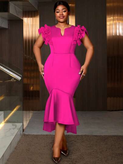 Plus Size Sexy Ruffled Mermaid Rose Dress With Pleats. Elegant High-Waisted, Curvaceous, And Fishtail-Style Dress For Formal Occasions,Outfit For Date,Party,Wedding Dress,Bridesmaid Dress,Graduation Dress,Wedding Guest,