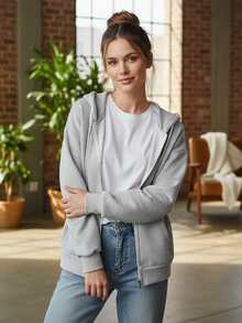 Women's Spring Autumn Hooded Sweatshirt Long Sleeve Solid Color Zip Up Hoodie With 2 Pockets - Grey - View 2