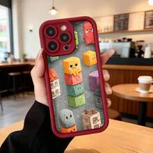 Cubos de colores con caras divertidas funda para telefono negro diseño de bloques animados para uso diario en cafeterías y oficinas Aplicable a los teléfonos de la serie Apple y Galaxy - Burdeos - Ver 2