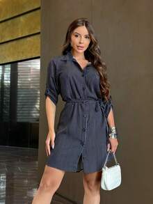 Striped Shirt Dress With Button And Belt - 黑色 - 查看 6