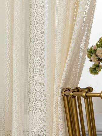 1pc Beige Minimalist Style Hollow Lace Voile Curtain, Semi-Sheer Jacquard Fabric, Suitable For Living Room, Bedroom, Balcony, Office, Home Decor, All Season