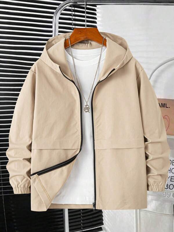 1 pieza Chaqueta con capucha y cuello alto con cremallera completa para adolescentes varones, cortavientos casual y minimalista para exteriores, de tela cómoda y amigable con la piel, adecuada para todas las estaciones, ideal como regalo para amigos