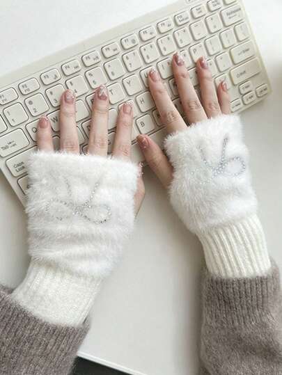 1Pair Women's Soft & Warm Fingerless Gloves - Faux Mink Half-Finger Women's Gloves With Bow And Rhinestone Embellishment, Plush Splicing With Elastic Wrist, Coldproof Touchscreen Compatible Gloves For Office, Study, Casual Weekend Use - Machine Washable Winter Hand Warmers, Study Essentials, Cozy Style, Comfortable Fit, Cold Weather Gear, Elegant Wrist Cover, Durable Knitwear, Office Workers