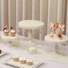 3Pcs Antique Cake Stand Set - Round Metal Cupcake Stands With Pendants And Beads - Elegant Dessert Display, For For Wedding, Birthday Party Decor, Gold/Champagne/Cream White,Holiday Decor,Christmas Gifts - CreamWhite - View 5