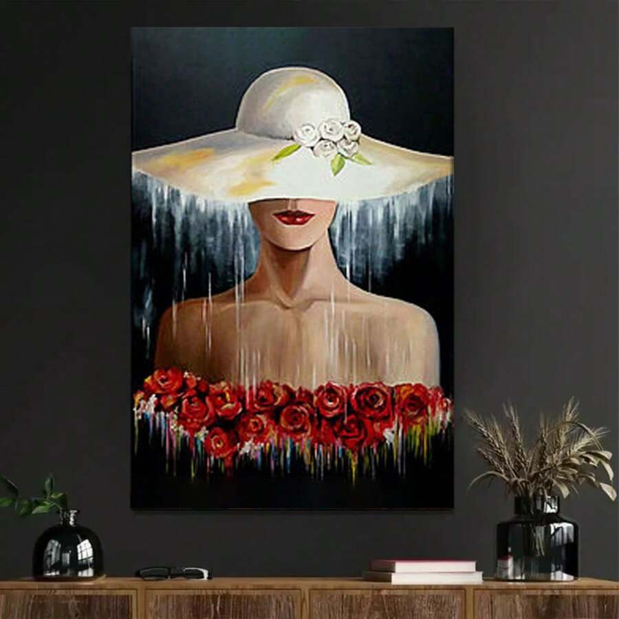 1pc Mysterious Lady With White Hat Canvas Wall Art - Red Lips & Roses Abstract Painting, Contemporary Classic Art Deco Vertical Framed Artwork, Ready To Hang High Quality Canvas For Living Room, Bedroom, Office Decor - 白色 - 查看 1