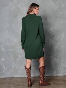 2026 Women's Casual Knit Dress Sweater Dresses For Women  Fall Fashion Mock Neck Long Lantern Sleeve Oversized Outfits Knit Tops Clothes ​ , Bodycon Long Sleeve ​ For Sports Outdoor Wear, Loose Fit Long Sleeve Comfy Daily Outfits For Women - 墨綠色 - 查看 5