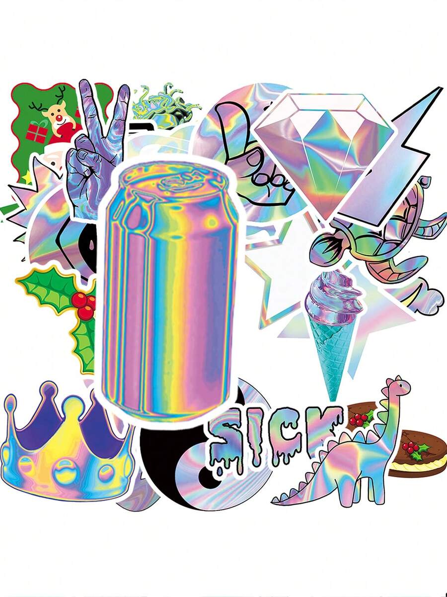 100PCS Holographic Can And Ice Cream Cone Stickers With Christmas And Dinosaur Elements Graffiti Vinyl Stickers For Scrapbook, Journaling, Laptop, Bumper, Skateboard, Water Bottles, Computer, Phone - Nhiều màu - Xem 1