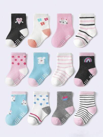12 đôi tất chống trượt cho bé gái từ 1-5 tuổi, có chấm chống trượt, nhiều màu sắc để lựa chọn.