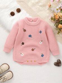 Newborn Knitted Cute Floral Embroidered Bodysuit - وردي - مشاهدة 2