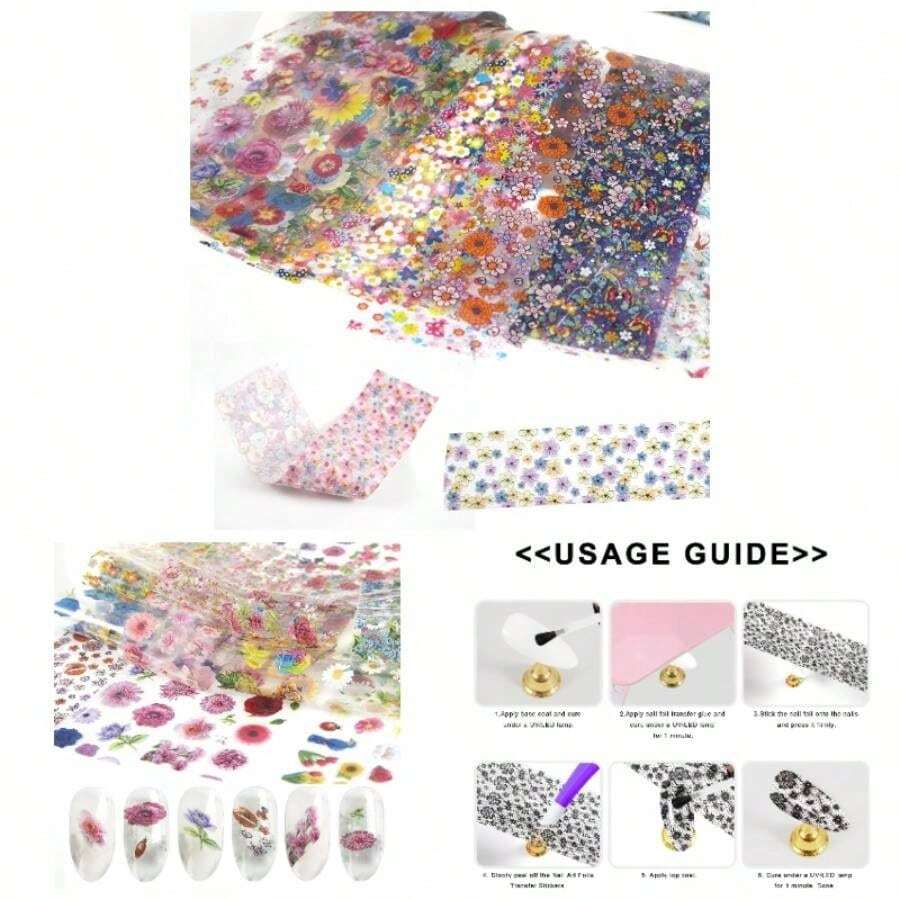 300Pcs Flowers Nail Foil, Holographic Nail Art Foil Flower Transfer Foils Paper 3D Floral Nails Stickers Fingernail Wraps Decals Manicure Design Kit Nails Decoration - No1 - 查看 1