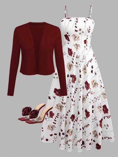 大码女士优雅碎花吊带喇叭连衣裙配针织开衫浪漫套装，情人节