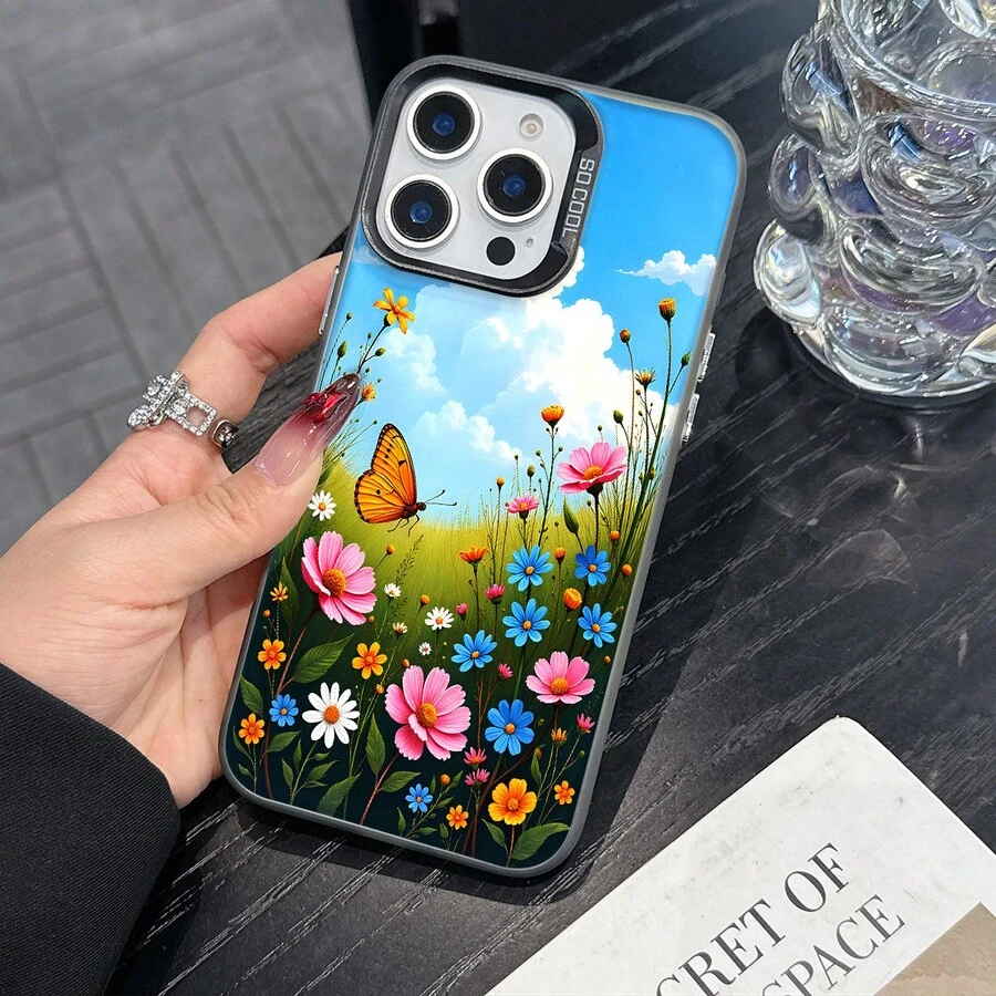 Colorful Silver Apple Phone CaseButterfly In A Meadow Of Colorful Flowers Under A Cloudy SkyCompatible With 11 To 17 Models The Cases Lens Protection Function Ensures The Camera Remains Undamaged During Shooting Guaranteeing Image Quality - Black - View 1