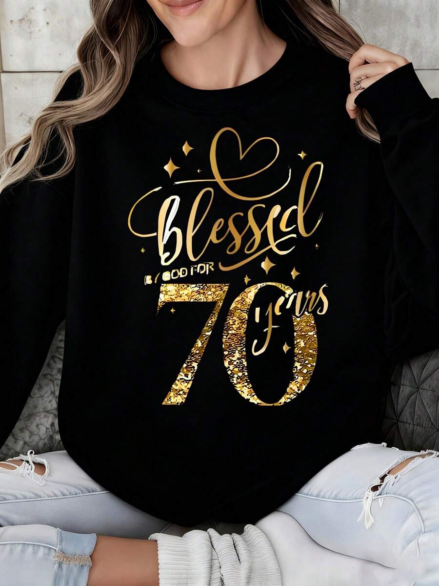 By God For 70 Years Golden Glitter Birthday Shirt Women Long Sleeve Sweatshirt Celebration Gift For 70th Birthday Annrsary Party Wear - 黑色 - 查看 1