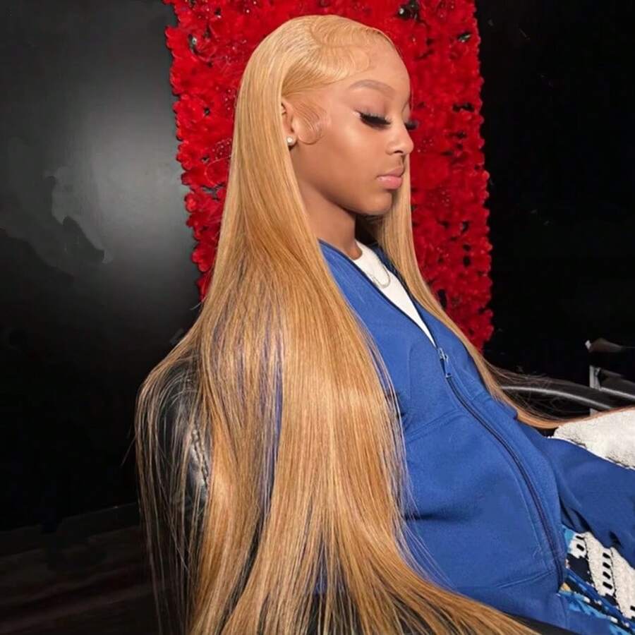 #27 Honey Blonde Wig Human Hair Glueless 34 Inch 250% Density Straight Glueless Wigs Human Hair Pre Plucked 13x6 HD Lace Frontal Wigs Human Hair - S27 - 查看 1