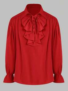 Mens Pirate Shirt Ruffle Victorian Renaissance Steampunk Vampire Poet Shirts Gothic Medieval Costume - Đỏ - Xem 2