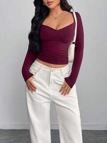 Women's Monochrome Sexy V-Neck Long Sleeve Slim Fit Side Ruffle Fashionable Lightweight Crop Top For Outing - Burgundy - View 5