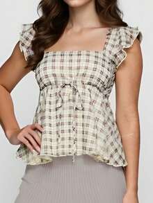 Women's Plaid Tank Tops Summer Fashionable Cute Square Neck Sleeveless Ruffle Shirt - 黃色 - 查看 3