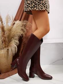 FVPFVP Botas altas de puntera cuadrada de cuero patentado inspiradas, botas de montar de tacón grueso ajustadas para mujer, otoño/invierno, tacones burdeos - Burdeos - Ver 4