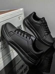 男士白色圆头系带运动鞋，轻便软底防滑厚底休闲鞋，春秋季 - 黑色 - 查看 7