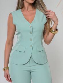 Elegant Plain Vest And Trousers Set C3302 - 薄荷綠 - 查看 7