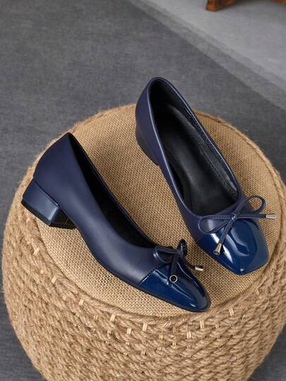 MonaNise Women's Square Toe 3cm Heel Pumps, Suitable For Work, Commute, Dinner Party, Vintage Bow Accent, Navy Blue, Fashionable And Versatile Casual Slip-On Shoes