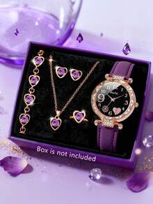 6/5pcs/Set Of Exquisite And Fashionable Fireworks Heart-Shaped Dial Quartz Watches For Girls, Paired With Elegant Diamond Necklaces, Bracelets, Rings, And A Pair Of Earrings, Perfectly Suitable For Students' Daily Life, Such As Returning To School, Parties, And Travel. It Is The Best Gift For Birthdays And Graduation Seasons, A Gift For Girls - Multicolor - View 18