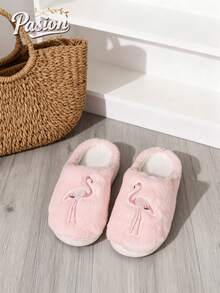 1 Pair Women's Flamingo Embroidered Thick Coral Fleece Anti-Slip Warm Plush Couple Thermal Slippers, Comfortable Soft Bottom House Slippers - Pink - View 3
