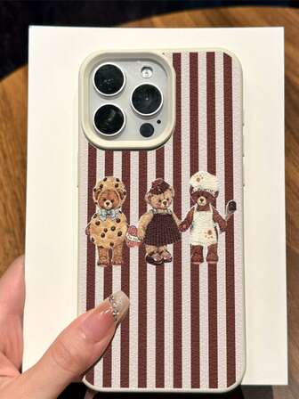 1个竖条纹三只可爱小熊牵手图案手机壳，白色皮革纹理TPU软壳，独特时尚图案设计，适用于 XR 11 12 13 14 15 Plus 16 Pro Max 17 Air系列，适合作为礼物送给亲朋好友