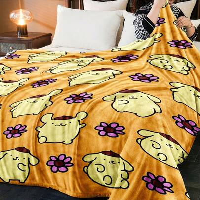 Sanrio 1 pezzo Coperta in flanella morbida e calda con stampa digitale del personaggio dei cartoni animati Sanrio Pompom Purin, adatta per divano, letto, ufficio, viaggio, coperta in poliestere lavorata a maglia versatile per tutte le stagioni, tecnica di stampa digitale, regalo ideale per ogni occasione