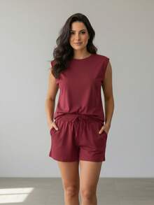 Simple Women's Set With Lightweight Faux Drawstring For Summer Vacation. - Burgundy - View 1