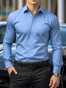Kit Of 2 Men's Long-Sleeved Plus-Size Shirts, Solid Color, Business Casual Style, Comfortable And Breathable. - xanh navy/xanh nhạt - Xem 5