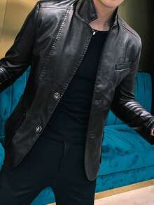 Men's Autumn/Winter Faux Leather Jacket, Black Suit Blazer, Thermal Lined, Thickened Single-Breasted