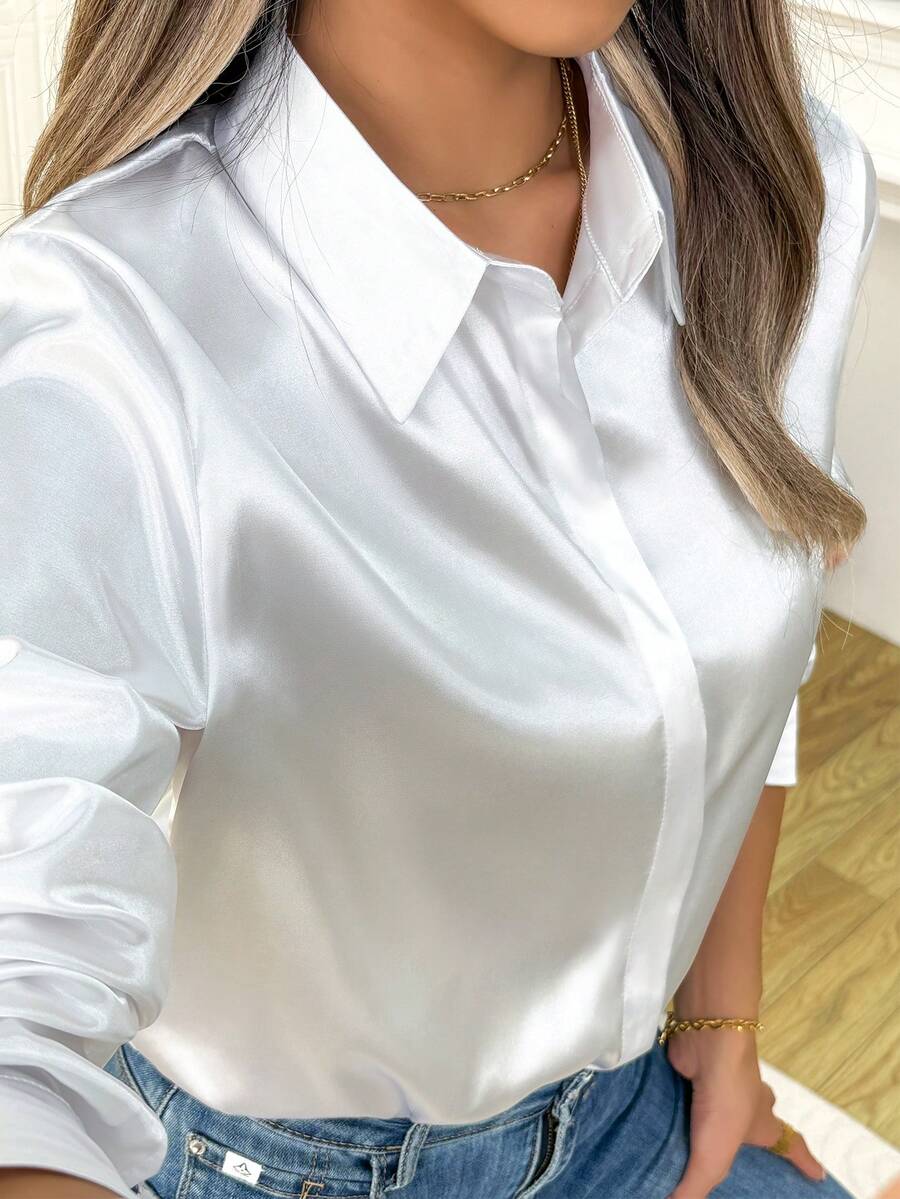 女款優雅緞面襯衫，經典柔軟舒適單排扣素色長袖女式襯衫，2026新款上市 - 白色 - 查看 1