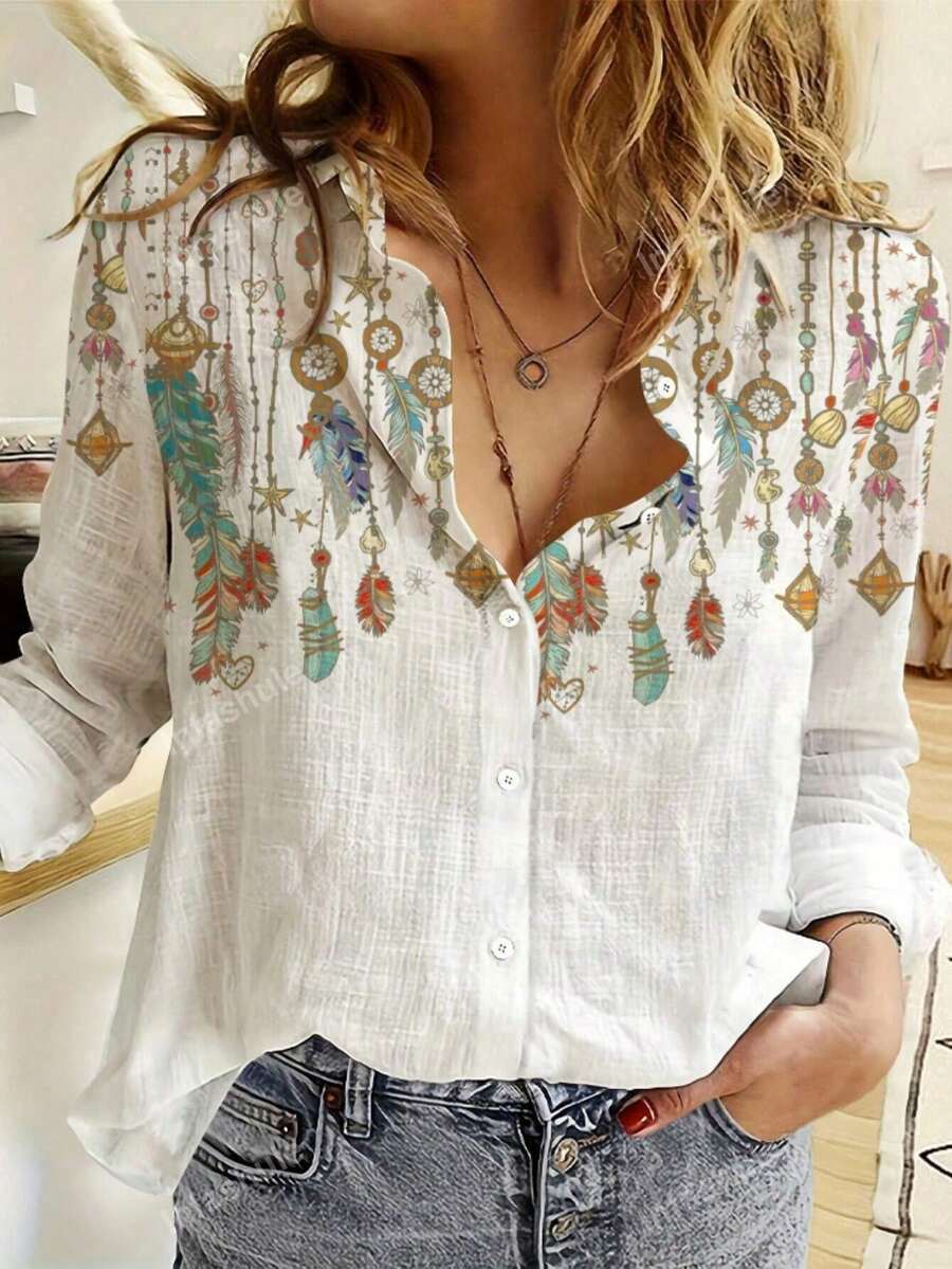 Women's Cotton Linen Blouse With Long Sleeves, Plus Size - Branco-w2 - View 1