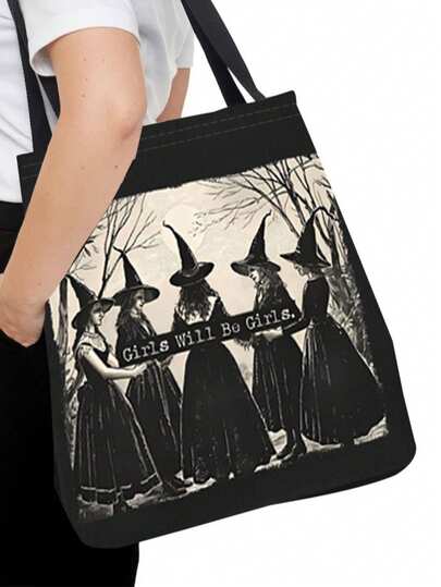 Vintage Gothic Witch Print Double-Sided Printing Tote Bag, Dark Academy Cowboy Theme Shopping Bag,Boho Style Bag,Fall Thanksgiving Gifts, Grocery Bag,Suitable For Home, Commuting, Vacation, School, Gifts 16in*14in