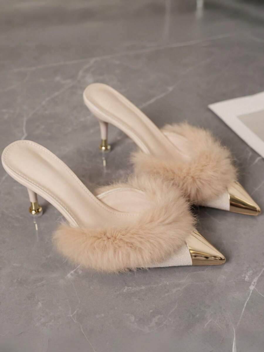 Pointed Toe High Heel Faux Fur Slip-On Mules For Women, New Arrival Autumn/Winter 2025,Kitten Heels