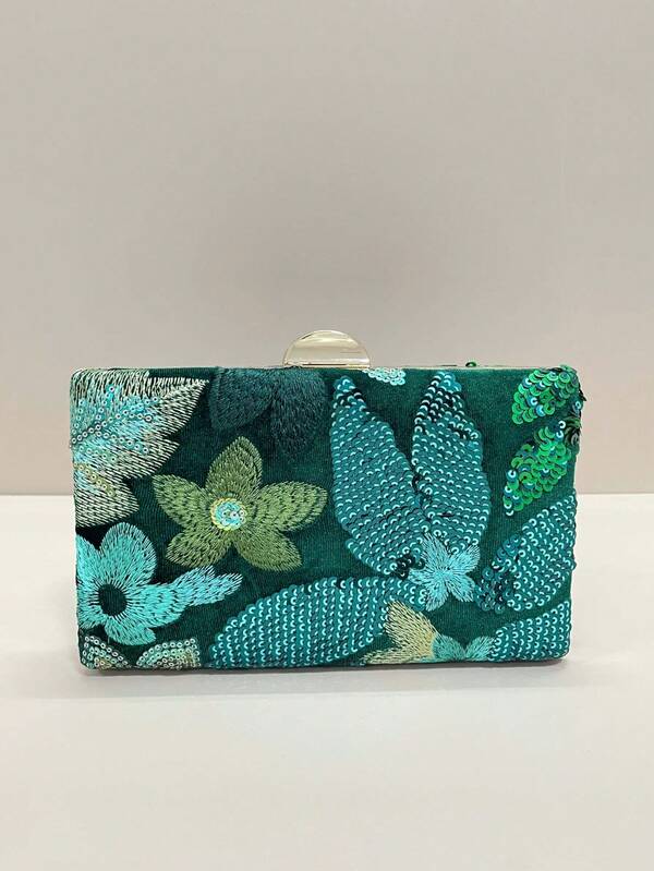 Velvet Green Evening Clutch Bag, (Random Pattern, Unique), Elegant & Exquisite Sequin Embroidered Ladies' Square Box Clutch, Suitable For Party, Wedding, Prom