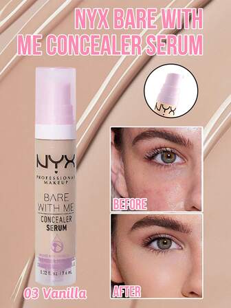  NYX Bare With Me 遮瑕精华，遮盖黑眼圈、斑点、痘印和红血丝，#03 香草色，24 小时保湿，精华质地，修正瑕疵，蕴含银耳、积雪草、绿茶，滋养、修复，舒缓压力肌肤，适合所有肤质，完美适用于日常使用、专业化妆、户外活动、节日礼物。