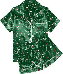 Womens Silk Satin Pajama Sets Soft Short Sleeve Button Down Sleepwear 2 Piece Lounge Set, Popular Sleepwear Styles - 香檳色 - 查看 7