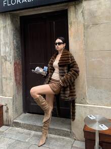 Women's Solid Color Soft Fleece Warm Winter Coat, Fashion For Vacation - Brown - View 10