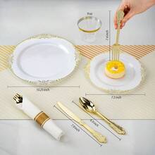 350PCS Gold Plastic Plates 50 Guests, Disposable Dinnerware Sets Include Gold Rim Plastic Plates, 50 Silverwares, 50 Cups, And 50 Pre Rolled Napkins Party, Wedding, Graduation - Gold + 50 Guests Set - View 2