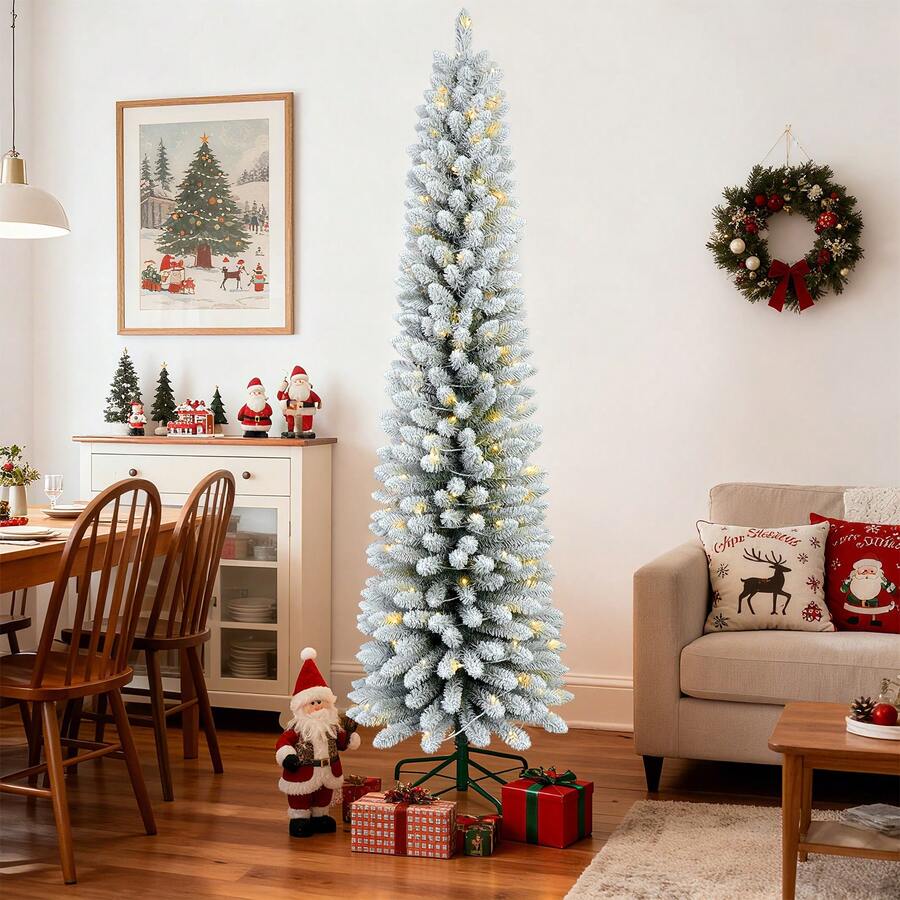 6ft Flocked Pencil Christmas Tree With 358 PVC Branch Tips, Pre Lit Tall Skinny Christmas Tree With 150 Lights, Slim Artificial Christmas Tree With Metal Base, Premium Hinged Xmas Tree For Holiday Christmas Decorations Home Christmas Gifts Christmas Decor - 查看 1