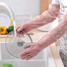 1 Pair/2 Pairs/3 Pairs Silicone Dishwashing Gloves, Long Cuff - Pink - View 1