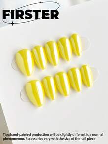 10片杏仁形手工按压式美甲贴片，短款美甲贴片，假指甲，黄色美甲贴片，甜美可爱美甲贴片，冬季按压式美甲贴片，纯色美甲贴片，铬粉美甲用品，美甲配件，办公室美甲，酷炫甜美卡通美甲贴片，简约美甲用品 - 彩色 - 查看 1