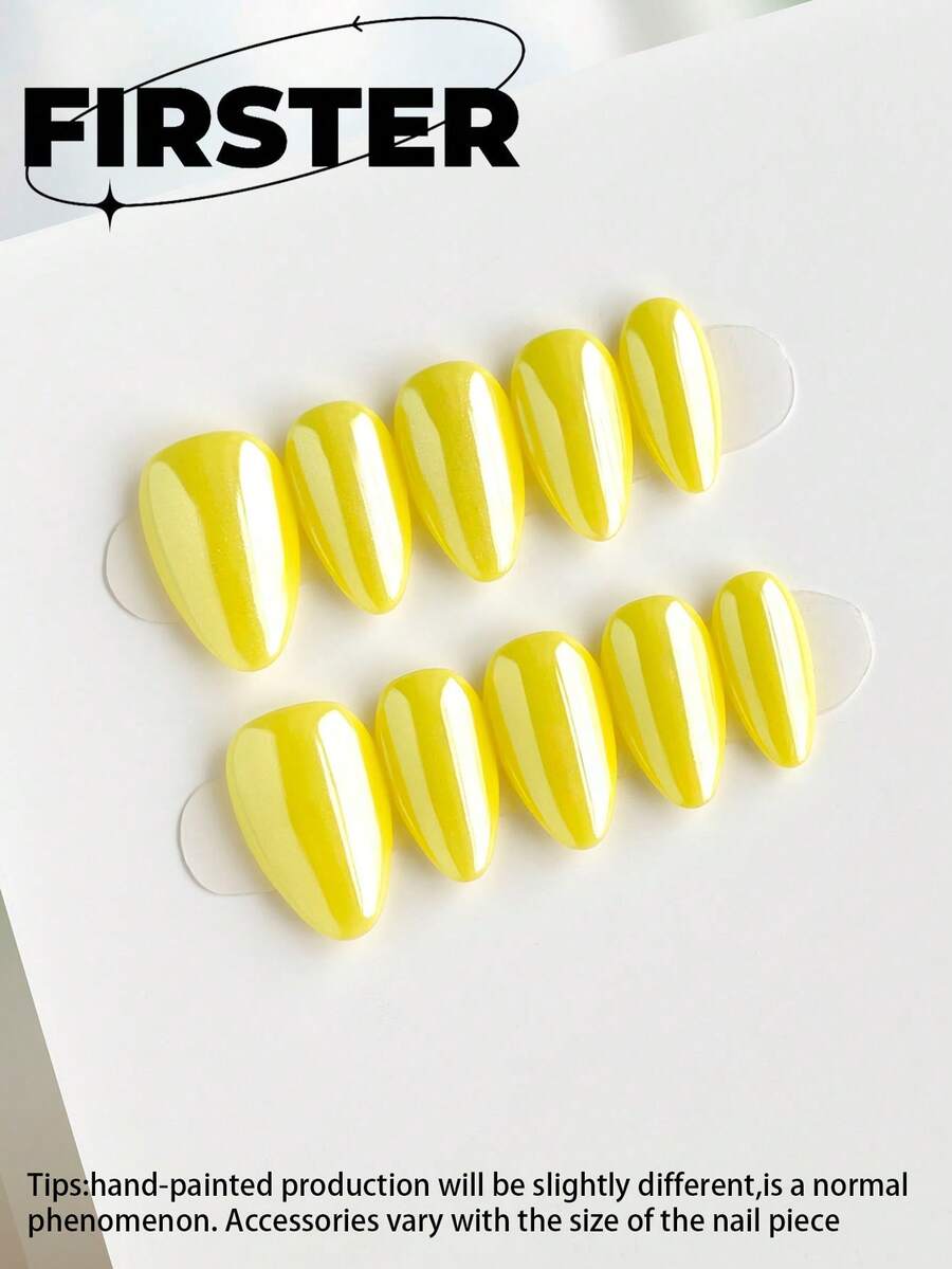 10片杏仁形手工按压式美甲贴片，短款美甲贴片，假指甲，黄色美甲贴片，甜美可爱美甲贴片，冬季按压式美甲贴片，纯色美甲贴片，铬粉美甲用品，美甲配件，办公室美甲，酷炫甜美卡通美甲贴片，简约美甲用品 - 彩色 - 查看 1